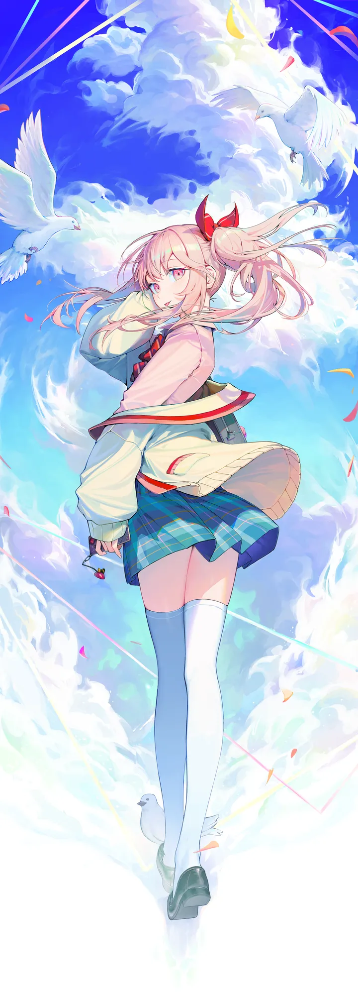 1other,ribbon,loafers,cloud,side_ponytail,full_body,bangs,solo,looking_back,cloudy_sky,sky,sidelocks,cardigan,androgynous,sleeveless,school_uniform,plaid,plaid_skirt,day,white_thighhighs,white_bird,pleated_skirt,looking_at_viewer,skirt,vertical,pink_hair,pink_eyes,pink_shirt,red_ribbon,red_bow,zettai_ryouiki,from_behind,blue_sky,blue_skirt,bow,hair_bow,shirt,thighhighs,long_hair,long_sleeves,bare_shoulders,off_shoulder,shoes,bird,yellow_cardigan,black_footwear