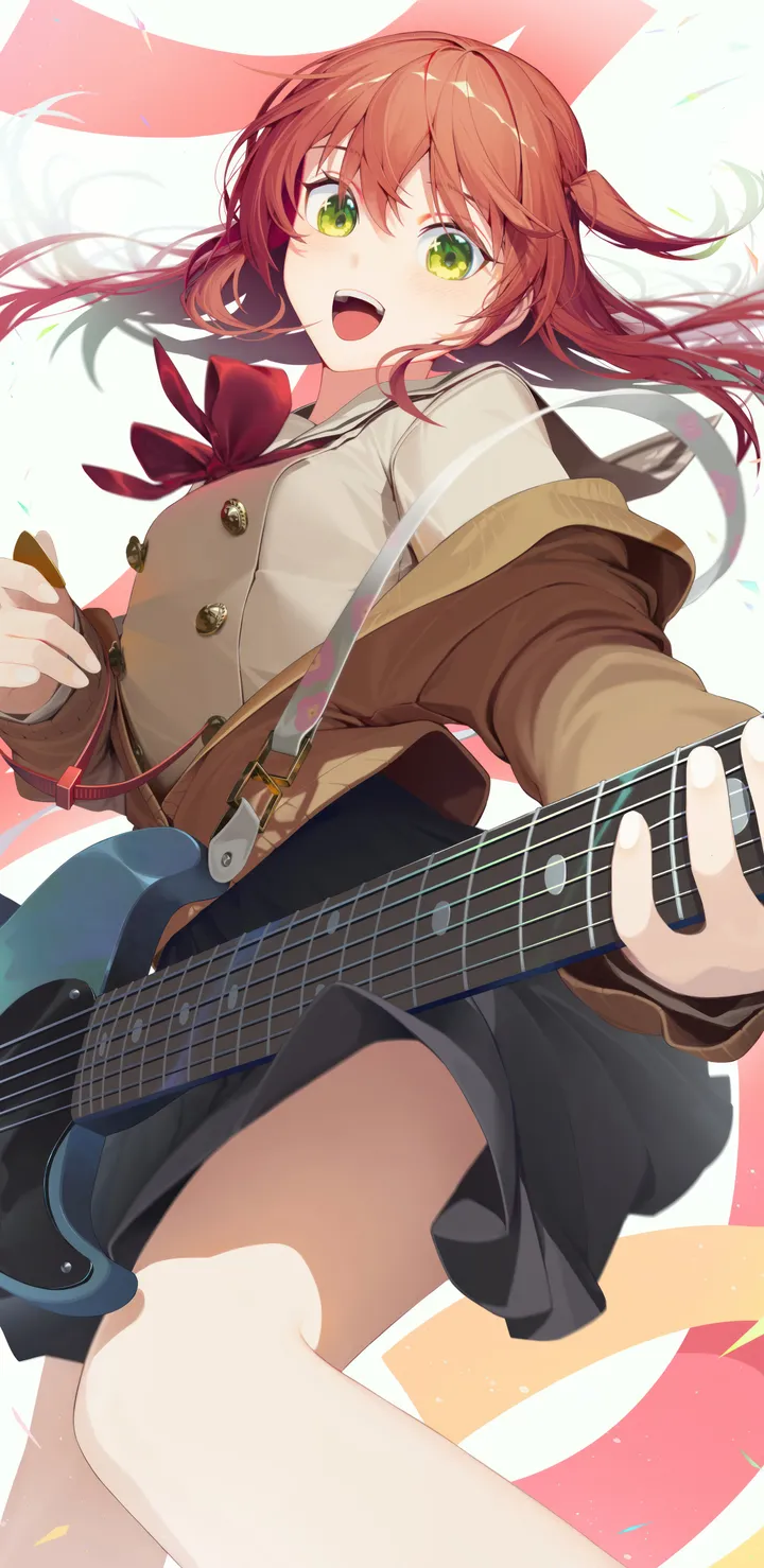 1girl,instrument,upper_teeth_only,bangs,solo,one_side_up,guitar,jacket,hair_between_eyes,cardigan,open_mouth,plectrum,holding_instrument,holding,school_uniform,brown_hair,brown_cardigan,brown_shirt,serafuku,sailor_collar,playing_instrument,electric_guitar,gibson_les_paul,white_sailor_collar,pleated_skirt,looking_at_viewer,skirt,vertical,smile,red_hair,red_bow,red_bowtie,green_eyes,bow,shirt,long_hair,long_sleeves,off_shoulder,bowtie,black_skirt