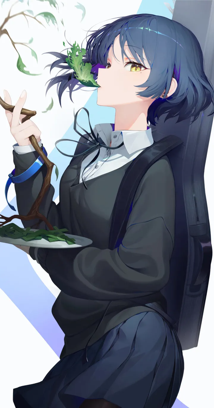 1girl,ribbon,bangs,solo,holding,collared_shirt,branch,school_uniform,sweater,mole_under_eye,mole,white_shirt,pleated_skirt,plate,looking_at_viewer,short_hair,skirt,vertical,blue_hair,blue_skirt,shirt,pantyhose,long_sleeves,neck_ribbon,yellow_eyes,black_ribbon,black_sweater,black_pantyhose