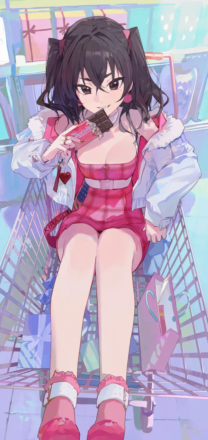 1girl,medium_breasts,breasts,cleavage,crossed_bangs,full_body,bangs,solo,twintails,mouth_mask,sitting,jacket,two_side_up,chocolate,chocolate_bar,hair_between_eyes,heart,valentine,holding,holding_food,strapless,plaid,plaid_dress,brown_eyes,fur_trim,wavy_hair,mole_under_eye,teeth,jewelry,mole,white_jacket,belt,v-shaped_eyebrows,looking_at_viewer,gift_box,gift,vertical,smile,box,pink_socks,pink_dress,pink_footwear,candy,red_footwear,earrings,socks,open_jacket,open_clothes,small_breasts,dress,collarbone,long_hair,long_sleeves,boots,off_shoulder,crop_top,grin,shoes,food,sharp_teeth,black_hair,black_eyes