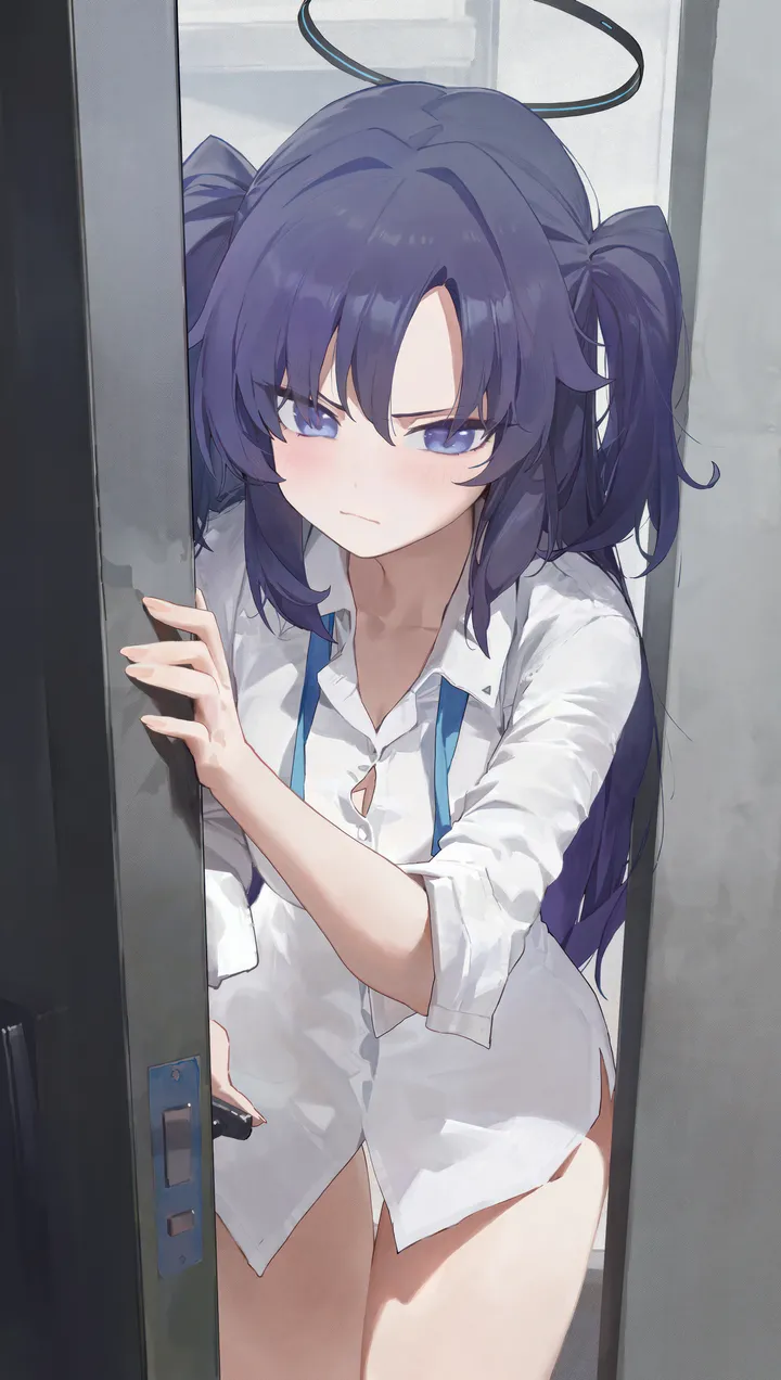 1girl,cowboy_shot,breasts,parted_bangs,underwear,bangs,solo,closed_mouth,thighs,halo,two_side_up,opening_door,open_door,collared_shirt,no_pants,white_shirt,looking_at_viewer,vertical,standing,purple_hair,purple_eyes,button_gap,blush,blue_eyes,shirt,dress_shirt,collarbone,long_hair,long_sleeves,doorway