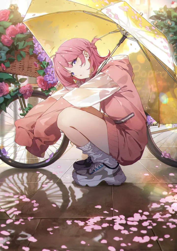 1girl,braid,from_side,hood,full_body,bangs,solo,ground_vehicle,parted_lips,outdoors,hood_down,loose_socks,rose,white_socks,looking_at_viewer,short_hair,vertical,pink_hair,pink_flower,purple_eyes,purple_flower,red_flower,bicycle,petals,sleeves_past_fingers,sleeves_past_wrists,socks,squatting,sneakers,hoodie,transparent,transparent_umbrella,long_sleeves,umbrella,shoes,flower