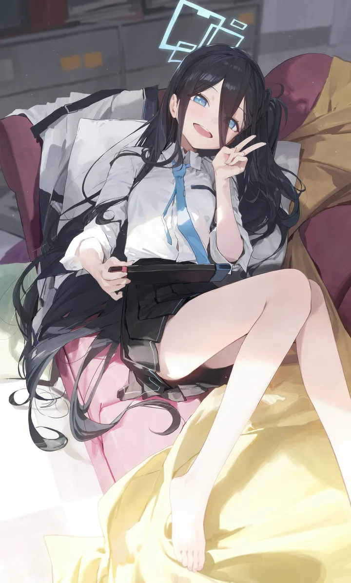 1girl,upper_teeth_only,on_back,nintendo_switch,bangs,solo,legs,hairband,one_side_up,halo,indoors,hair_between_eyes,open_mouth,very_long_hair,handheld_game_console,holding,collared_shirt,pillow,school_uniform,blurry,v,couch,teeth,white_shirt,pleated_skirt,looking_at_viewer,skirt,vertical,smile,feet,toes,blush,blue_eyes,blue_necktie,shirt,bare_legs,barefoot,lying,long_hair,long_sleeves,necktie,black_hair,black_skirt