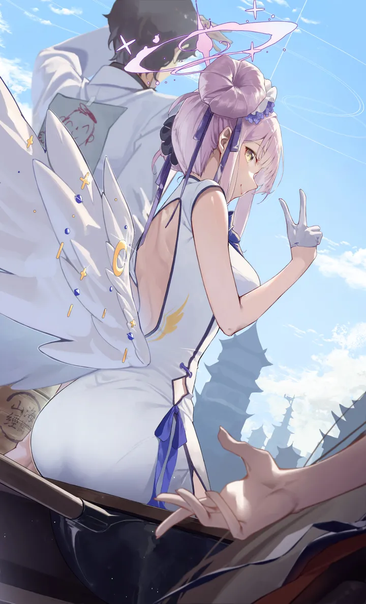 1girl,1boy,chinese_clothes,breasts,cloud,bangs,solo_focus,back,closed_mouth,looking_back,hair_bun,sitting,halo,angel_wings,sky,single_side_bun,hair_ornament,ass,outdoors,gloves,scrunchie,china_dress,sleeveless,sleeveless_dress,v,day,white_gloves,white_wings,white_dress,looking_at_viewer,alternate_costume,vertical,smile,pink_hair,feathered_wings,wings,from_behind,low_wings,blue_ribbon,blue_sky,clothing_cutout,dress,long_hair,backless_outfit,yellow_eyes,black_hair