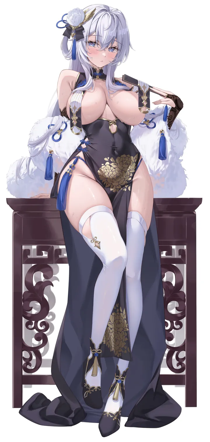 1girl,no_panties,chinese_clothes,breast_curtains,breasts,mole_on_breast,cleavage,crossed_bangs,full_body,underwear,panties,bangs,solo,closed_mouth,panty_straps,sitting,thighs,hair_flower,hair_ornament,bridal_gauntlets,hair_between_eyes,hand_fan,gloves,folding_fan,holding_fan,holding,china_dress,pelvic_curtain,sleeveless,simple_background,no_bra,tassel,mole,white_hair,white_background,white_flower,white_thighhighs,looking_at_viewer,vertical,standing,string_panties,feather_boa,groin,blush,blue_eyes,skindentation,large_breasts,thighhighs,dress,long_hair,folded_fan,covered_navel,bare_shoulders,high_heels,flower,black_dress,black_footwear