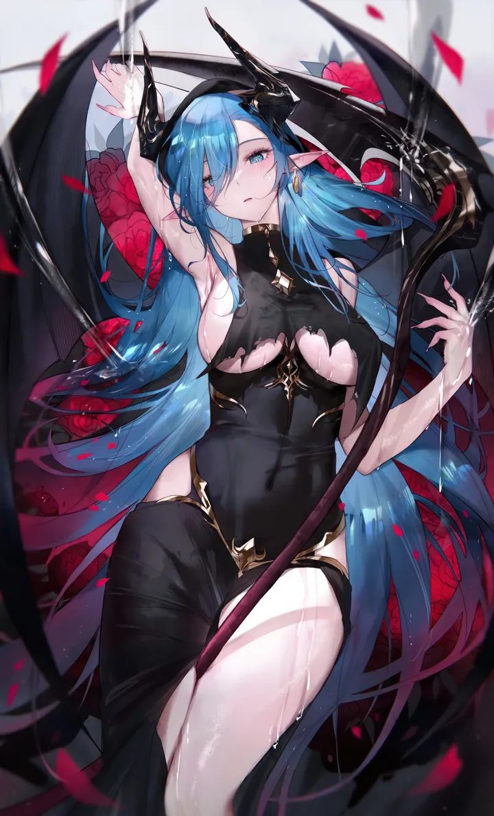 1girl,underboob,arm_up,breasts,on_back,bangs,solo,thighs,scythe,pointy_ears,hair_between_eyes,very_long_hair,parted_lips,demon_girl,demon_horns,holding,sleeveless,rose,jewelry,looking_at_viewer,torn_clothes,vertical,red_rose,red_flower,wings,earrings,armpits,petals,blue_hair,blue_eyes,wet,bare_arms,horns,lying,large_breasts,dress,long_hair,covered_navel,bare_shoulders,flower,black_dress