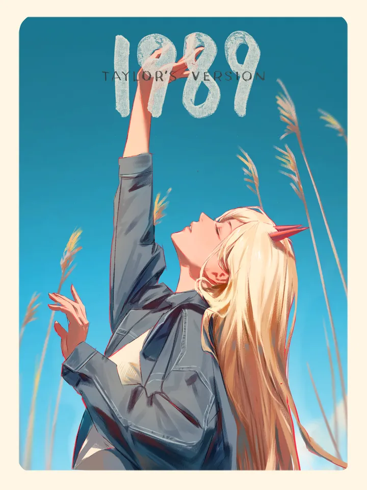 1girl,arm_up,upper_body,looking_up,solo,closed_eyes,sky,jacket,demon_horns,denim,white_shirt,vertical,red_horns,blue_sky,blue_jacket,blue_background,shirt,horns,blonde_hair,long_hair