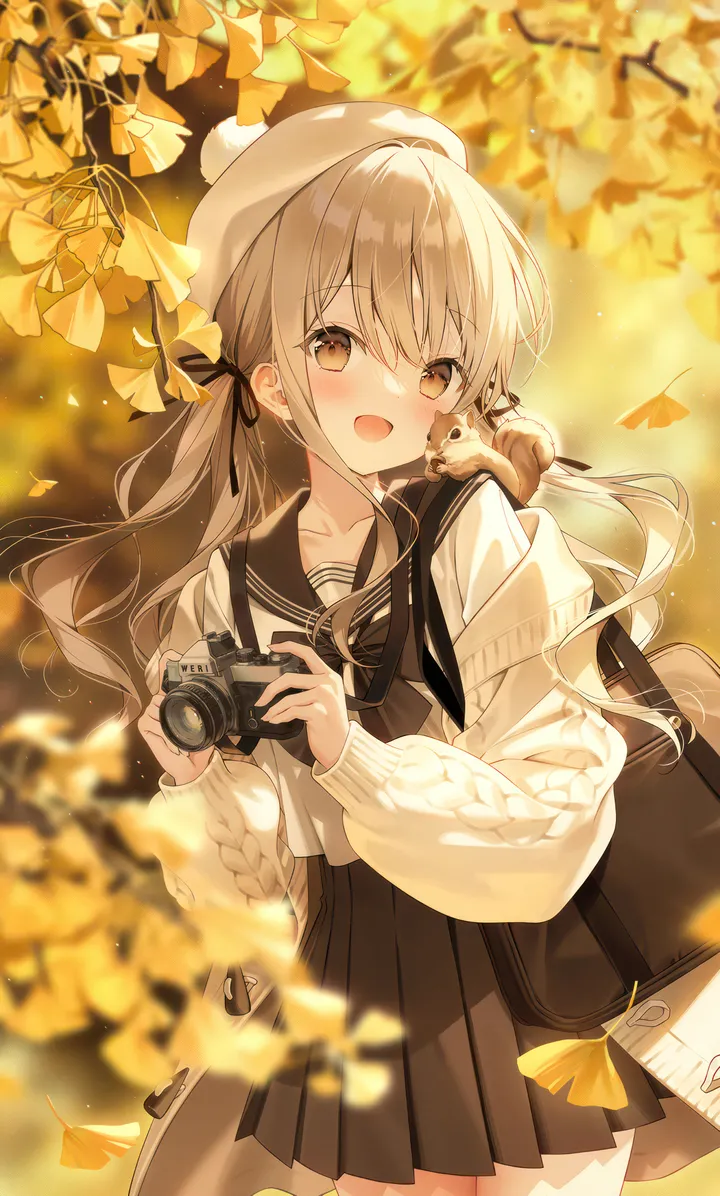 1girl,braid,ribbon,bangs,blurry_foreground,animal,bag,solo,twintails,leaf,hair_ribbon,hat,hair_between_eyes,open_cardigan,cardigan,open_mouth,outdoors,holding_camera,holding,depth_of_field,squirrel,maple_leaf,school_uniform,brown_hair,brown_eyes,blurry,blurry_background,serafuku,sailor_collar,camera,white_headwear,white_cardigan,white_shirt,pleated_skirt,looking_at_viewer,skirt,autumn,autumn_leaves,vertical,standing,smile,animal_on_shoulder,blush,puffy_sleeves,puffy_long_sleeves,bow,shirt,open_clothes,beret,ginkgo_leaf,collarbone,long_hair,long_sleeves,off_shoulder,black_sailor_collar,black_skirt,black_bow