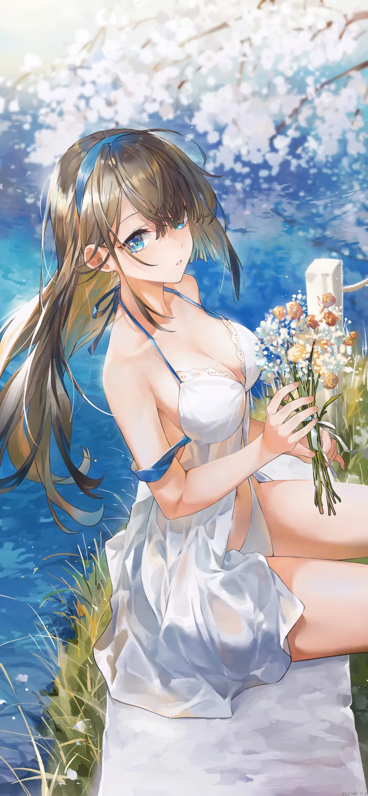 1girl,breasts,cleavage,underwear,panties,bangs,solo,hairband,closed_mouth,sitting,thighs,parted_lips,outdoors,holding,sleeveless,sleeveless_dress,brown_hair,water,white_panties,white_flower,white_dress,looking_at_viewer,vertical,halterneck,spaghetti_strap,bouquet,petals,grass,blue_eyes,bare_arms,large_breasts,dress,collarbone,long_hair,bare_shoulders,flower