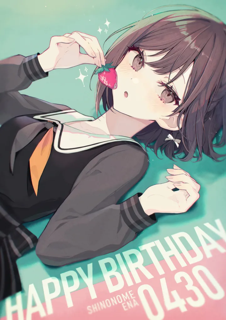 1girl,braid,neckerchief,upper_body,on_back,bangs,solo,open_mouth,holding,holding_fruit,holding_food,school_uniform,brown_hair,brown_eyes,serafuku,sailor_collar,fruit,happy_birthday,white_sailor_collar,looking_at_viewer,short_hair,skirt,vertical,blush,strawberry,sparkle,bow,hair_bow,shirt,lying,long_sleeves,food,black_shirt