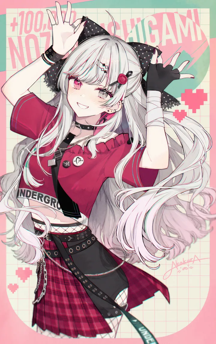 1girl,cowboy_shot,arms_up,bangs,solo,single_glove,hairclip,ahoge,multicolored_hair,hair_ornament,spikes,heterochromia,very_long_hair,badge,heart,gloves,streaked_hair,fingerless_gloves,plaid,plaid_skirt,fishnets,grey_eyes,jewelry,white_hair,pleated_skirt,belt,looking_at_viewer,short_sleeves,skirt,ear_piercing,vertical,smile,signature,pink_hair,pink_eyes,red_eyes,red_skirt,red_shirt,bandages,earrings,blush,frills,english_text,bow,hair_bow,shirt,chain,long_hair,midriff,crop_top,grin,choker,collar,necktie,fishnet_pantyhose,black_gloves,black_belt,black_bow,black_collar,black_necktie