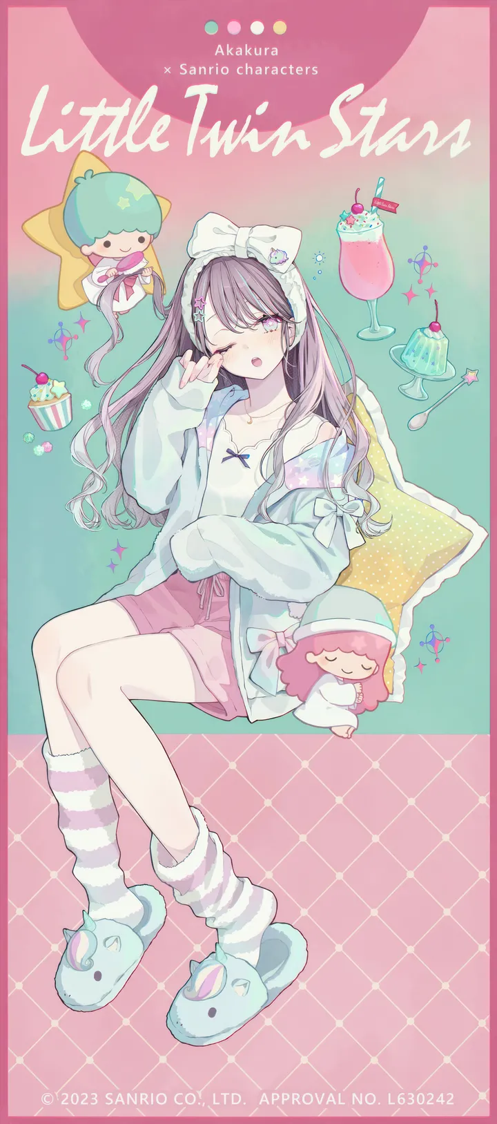 1girl,full_body,ice_cream,bangs,solo,sitting,hair_ornament,jacket,open_mouth,slippers,striped,striped_socks,cup,pillow,cherry,stuffed_toy,spoon,copyright,looking_at_viewer,shorts,vertical,pink_shorts,purple_eyes,bow,hair_bow,sleeves_past_wrists,socks,collarbone,long_hair,long_sleeves,one_eye_closed,off_shoulder,food