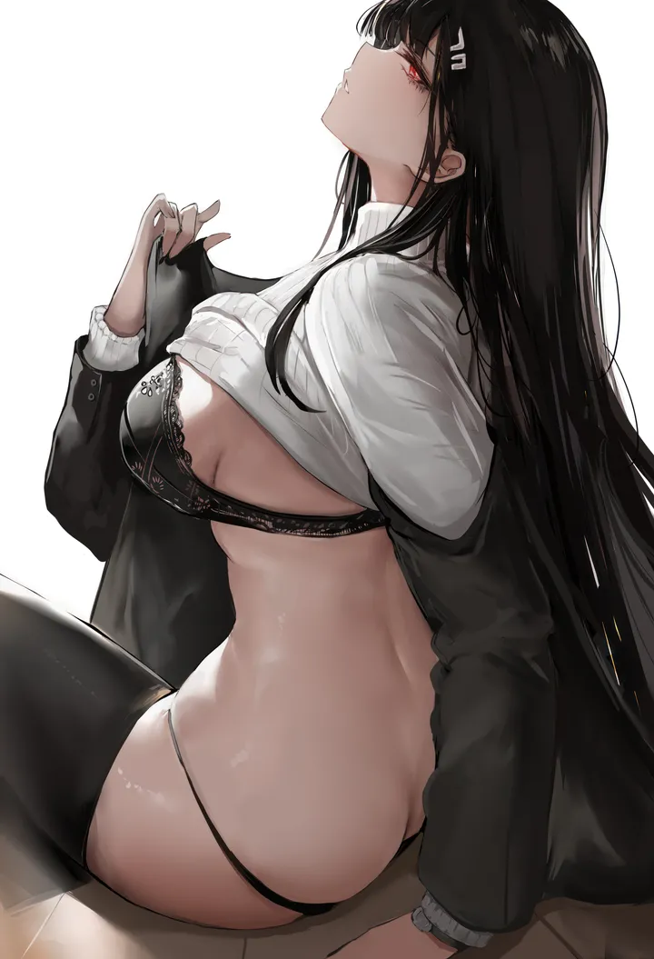 1girl,breasts,from_side,underwear,panties,bangs,solo,hairclip,sitting,hair_ornament,jacket,ass,parted_lips,sweater_lift,clothes_lift,sweater,white_sweater,white_background,looking_at_viewer,vertical,red_eyes,butt_crack,bra,open_jacket,open_clothes,large_breasts,thighhighs,long_hair,long_sleeves,off_shoulder,turtleneck,turtleneck_sweater,black_panties,black_hair,black_jacket,black_bra,black_thighhighs