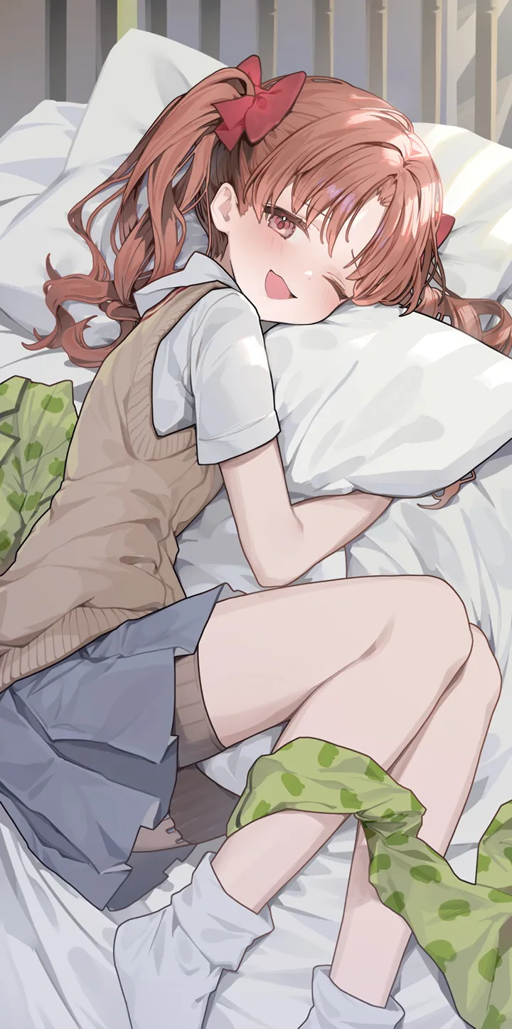 1girl,on_side,parted_bangs,bangs,solo,feet_out_of_frame,twintails,on_bed,thigh_strap,shorts_under_skirt,pillow_hug,open_mouth,object_hug,collared_shirt,pillow,school_uniform,brown_hair,brown_sweater_vest,brown_eyes,sweater_vest,loose_socks,wavy_hair,grey_skirt,white_shirt,white_socks,pleated_skirt,looking_at_viewer,short_sleeves,skirt,vertical,smile,red_bow,blush,bow,hair_bow,shirt,socks,ankle_socks,lying,miniskirt,long_hair,one_eye_closed