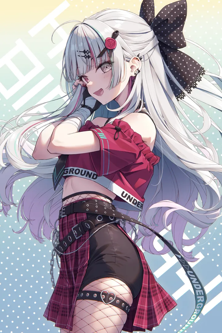 1girl,virtual_youtuber,cowboy_shot,from_side,bangs,solo,hairclip,ahoge,polka_dot,polka_dot_background,multicolored_hair,thigh_strap,hair_ornament,heterochromia,open_mouth,very_long_hair,gloves,fingerless_gloves,plaid,plaid_skirt,fishnets,grey_hair,grey_eyes,jewelry,white_hair,pleated_skirt,belt,looking_at_viewer,short_sleeves,skirt,shorts,piercing,ear_piercing,vertical,smile,pink_eyes,short_shorts,red_skirt,red_shirt,bandages,earrings,navel,fang,bow,hair_bow,shirt,pantyhose,miniskirt,chain,long_hair,midriff,bare_shoulders,off_shoulder,off-shoulder_shirt,crop_top,fishnet_pantyhose,black_shorts,black_bow