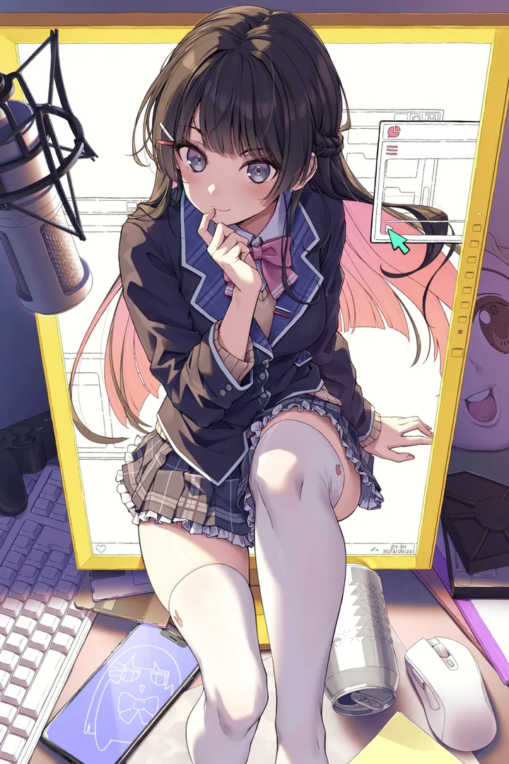 1girl,virtual_youtuber,braid,colored_inner_hair,bangs,solo,knee_up,hairclip,closed_mouth,sitting,multicolored_hair,hair_ornament,jacket,finger_to_mouth,phone,monitor,collared_shirt,school_uniform,plaid,plaid_skirt,no_shoes,keyboard_computer,white_shirt,white_thighhighs,pleated_skirt,looking_at_viewer,skirt,vertical,smile,laptop,pink_bow,pink_bowtie,zettai_ryouiki,blush,frills,frilled_skirt,blue_eyes,bow,shirt,blazer,computer,thighhighs,long_hair,long_sleeves,bowtie,microphone,black_hair,black_jacket,mouse_computer