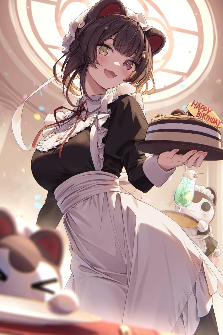 1girl,virtual_youtuber,ribbon,breasts,from_below,animal_ears,bangs,blurry_foreground,solo,apron,hair_flower,hair_ornament,maid,maid_apron,maid_headdress,enmaided,official_alternate_hairstyle,official_alternate_costume,indoors,hat,heterochromia,open_mouth,tray,holding_tray,holding,juliet_sleeves,cup,brown_hair,brown_eyes,blurry,dog_girl,dog_ears,white_apron,white_headwear,plate,looking_at_viewer,short_hair,alternate_costume,vertical,holding_plate,smile,red_ribbon,red_eyes,blush,frills,frilled_apron,mob_cap,puffy_sleeves,fang,cake,large_breasts,dress,long_sleeves,neck_ribbon,food,yellow_eyes,black_dress