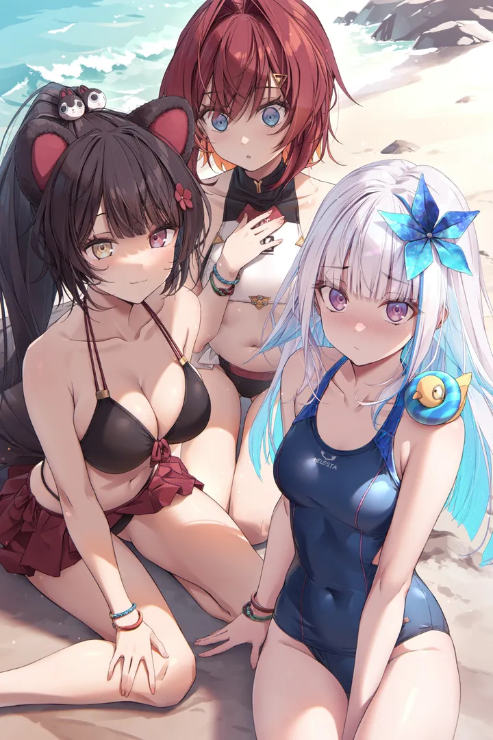 3girls,virtual_youtuber,one-piece_swimsuit,medium_breasts,breasts,cleavage,animal_ears,colored_inner_hair,bangs,two-tone_hair,closed_mouth,sitting,multiple_girls,multicolored_hair,thighs,thigh_gap,hair_flower,hair_ornament,tail,heterochromia,very_long_hair,outdoors,bracelet,bikini,water,sand,swimsuit,beach,dog_ears,jewelry,white_hair,blunt_bangs,looking_at_viewer,short_hair,skirt,vertical,smile,purple_eyes,red_hair,red_eyes,red_skirt,halterneck,navel,animal_on_shoulder,blush,blue_hair,blue_eyes,blue_one-piece_swimsuit,kneeling,large_breasts,small_breasts,hair_intakes,collarbone,long_hair,covered_navel,bare_shoulders,ponytail,flower,bird,wariza,yellow_eyes,black_hair,black_bikini,black_one-piece_swimsuit