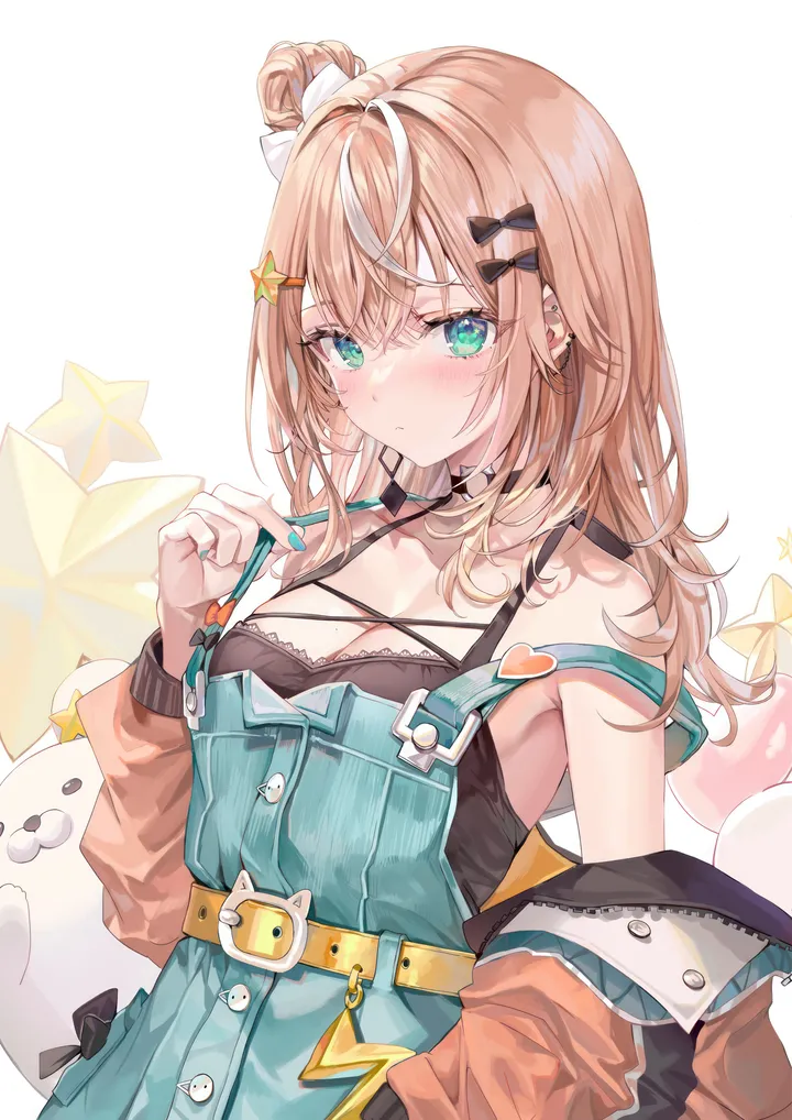 1girl,virtual_youtuber,medium_breasts,breasts,cleavage,upper_body,bangs,solo,single_hair_bun,hairclip,closed_mouth,hair_bun,multicolored_hair,hair_ornament,jacket,overalls,hair_between_eyes,hand_up,nail_polish,streaked_hair,sleeveless,star_symbol,brown_hair,aqua_eyes,white_hair,white_background,belt,looking_at_viewer,piercing,vertical,green_eyes,blush,bow,hair_bow,open_jacket,open_clothes,blonde_hair,long_hair,long_sleeves,bare_shoulders,off_shoulder,choker