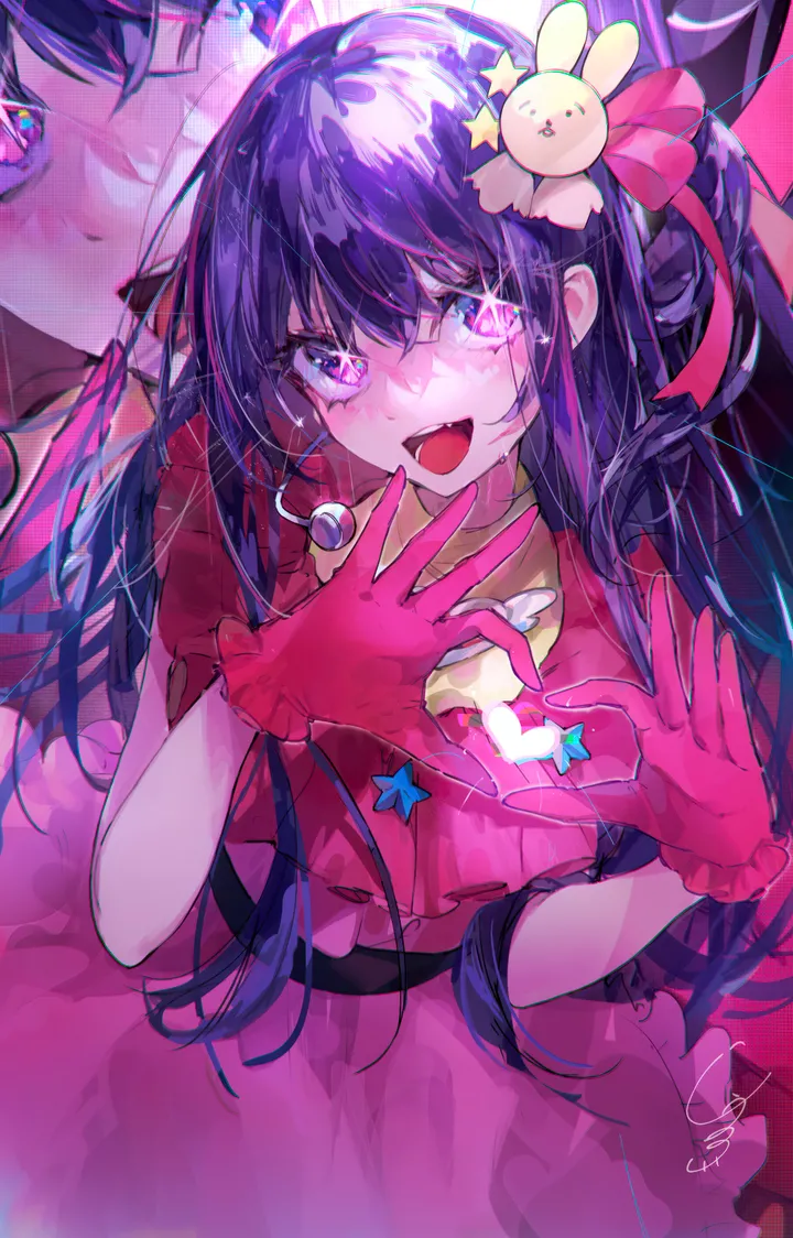 1girl,idol,bangs,solo,heart_hands,hair_ornament,open_mouth,heart,gloves,star_symbol,star_hair_ornament,looking_at_viewer,vertical,smile,symbol-shaped_pupils,signature,pink_eyes,pink_dress,purple_hair,purple_eyes,blush,frills,dress,long_hair