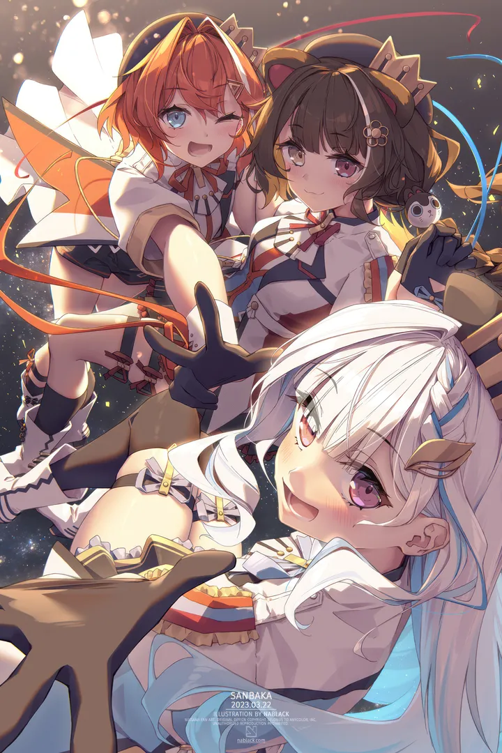 3girls,virtual_youtuber,breasts,animal_ears,bangs,multiple_girls,multicolored_hair,thigh_strap,hair_ornament,hat,heterochromia,open_mouth,gloves,brown_hair,holding_hands,dog_ears,white_hair,looking_at_viewer,short_hair,vertical,smile,purple_eyes,red_hair,red_eyes,blush,blue_hair,blue_eyes,thighhighs,long_hair,one_eye_closed,black_hair,black_gloves