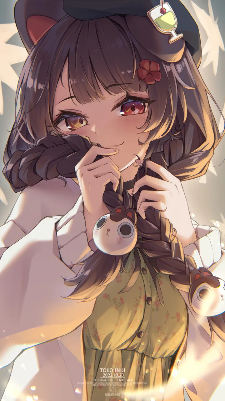 1girl,virtual_youtuber,braid,twin_braids,upper_body,low_twintails,animal_ears,bangs,solo,twintails,hair_flower,hair_ornament,jacket,official_alternate_hairstyle,official_alternate_costume,hat,heterochromia,holding,nail_polish,holding_hair,brown_hair,dog_girl,dog_ears,white_jacket,white_cardigan,looking_at_viewer,vertical,smile,red_eyes,red_flower,green_dress,blush,floral_print,open_jacket,open_clothes,beret,dress,long_hair,long_sleeves,choker,flower,yellow_nails,yellow_eyes,black_headwear