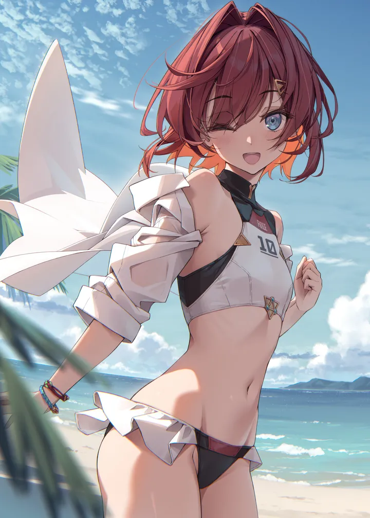 1girl,virtual_youtuber,cowboy_shot,cloud,bangs,solo,hairclip,sky,hair_ornament,stomach,flat_chest,open_mouth,outdoors,bracelet,bikini,swimsuit,ocean,beach,jewelry,day,white_shirt,looking_at_viewer,short_hair,vertical,smile,red_hair,navel,blush,frills,frilled_bikini,blue_sky,blue_eyes,shirt,open_clothes,hair_intakes,one_eye_closed,bare_shoulders,off_shoulder,black_bikini