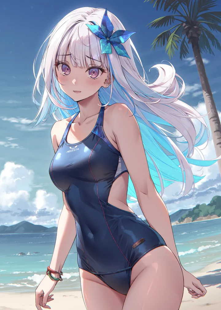 1girl,virtual_youtuber,one-piece_swimsuit,cowboy_shot,medium_breasts,breasts,cloud,colored_inner_hair,bangs,solo,two-tone_hair,multicolored_hair,thighs,sky,hair_flower,hair_ornament,open_mouth,parted_lips,outdoors,bracelet,tree,palm_tree,water,sand,swimsuit,ocean,beach,jewelry,day,white_hair,blunt_bangs,looking_at_viewer,vertical,standing,smile,purple_eyes,blush,blue_sky,blue_hair,blue_one-piece_swimsuit,bare_arms,competition_swimsuit,collarbone,long_hair,covered_navel,bare_shoulders,flower