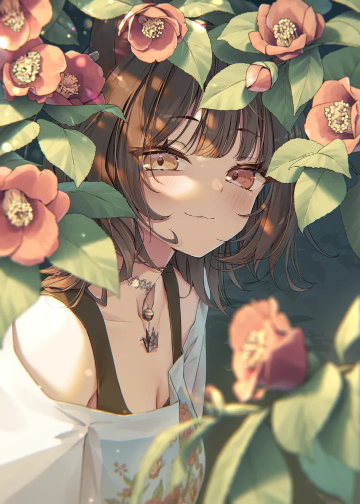 1girl,virtual_youtuber,breasts,cleavage,upper_body,animal_ears,bangs,blurry_foreground,solo,leaf,closed_mouth,hair_ornament,official_alternate_costume,heterochromia,brown_hair,brown_eyes,blurry,dog_girl,dog_ears,jewelry,white_shirt,looking_at_viewer,vertical,smile,red_eyes,red_flower,blush,shirt,bell,collarbone,off_shoulder,off-shoulder_shirt,choker,flower,yellow_eyes