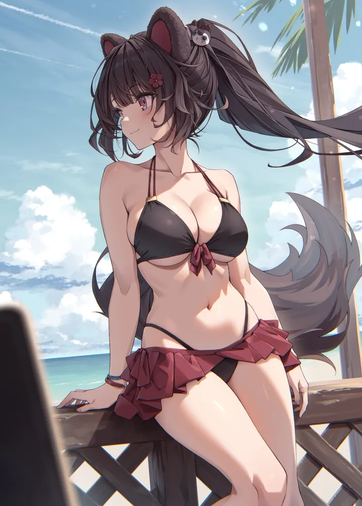 1girl,virtual_youtuber,breasts,cleavage,cloud,front-tie_top,animal_ears,bangs,solo,closed_mouth,thighs,sky,hair_flower,hair_ornament,official_alternate_hairstyle,stomach,tail,contrail,heterochromia,very_long_hair,outdoors,bracelet,railing,tree,brown_hair,palm_tree,bikini,bikini_skirt,swimsuit,ocean,dog_girl,dog_tail,dog_ears,jewelry,day,looking_to_the_side,skirt,looking_away,vertical,smile,red_eyes,red_skirt,halterneck,front-tie_bikini_top,navel,blush,blue_sky,bare_arms,microskirt,large_breasts,bell,collarbone,long_hair,bare_shoulders,floating_hair,ponytail,highleg_bikini,highleg,flower,yellow_eyes,black_hair,black_bikini