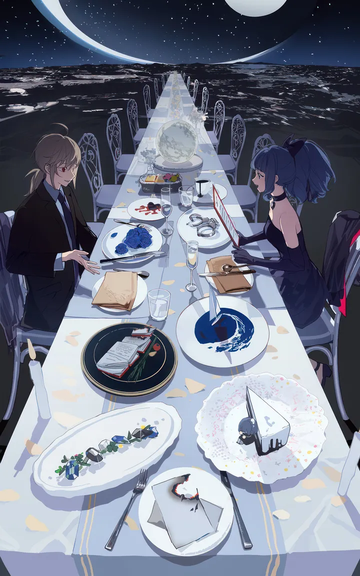 1girl,1boy,bangs,ahoge,closed_mouth,horizon,sitting,night,night_sky,sky,jacket,knife,gloves,holding_knife,holding,holding_fork,sleeveless,sleeveless_dress,star_sky,moon,collared_shirt,cup,table,tablecloth,brown_hair,chair,formal,water,ocean,full_moon,plate,looking_at_another,vertical,smile,red_eyes,wine_glass,blue_hair,cake,candle,hair_bow,blood,shirt,pants,suit,dress,drinking_glass,long_hair,elbow_gloves,bare_shoulders,necktie,food,fork,ponytail,flower,black_jacket,black_gloves,black_pants,black_dress