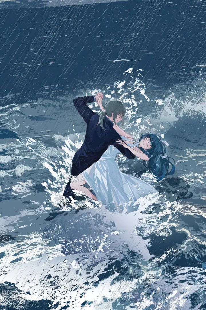 2girls,closed_eyes,multiple_girls,sky,outdoors,sleeveless,sleeveless_dress,formal,water,waves,ocean,holding_hands,white_dress,looking_at_another,vertical,smile,blue_hair,shirt,dancing,dress,long_hair,long_sleeves,rain,ponytail,black_shirt