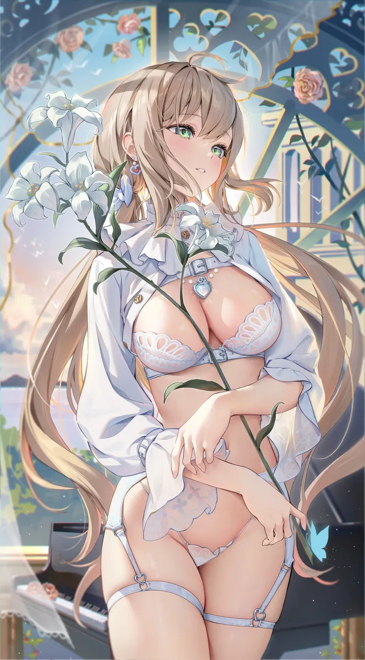 1girl,cowboy_shot,breasts,cleavage,underwear,panties,bangs,solo,garter_belt,ahoge,thighs,thigh_strap,between_breasts,lingerie,very_long_hair,parted_lips,holding,holding_flower,jewelry,white_panties,white_bra,white_flower,looking_to_the_side,looking_away,vertical,standing,green_eyes,earrings,navel,bra,blush,bug,butterfly,shirt,skindentation,large_breasts,blonde_hair,long_hair,long_sleeves,flower