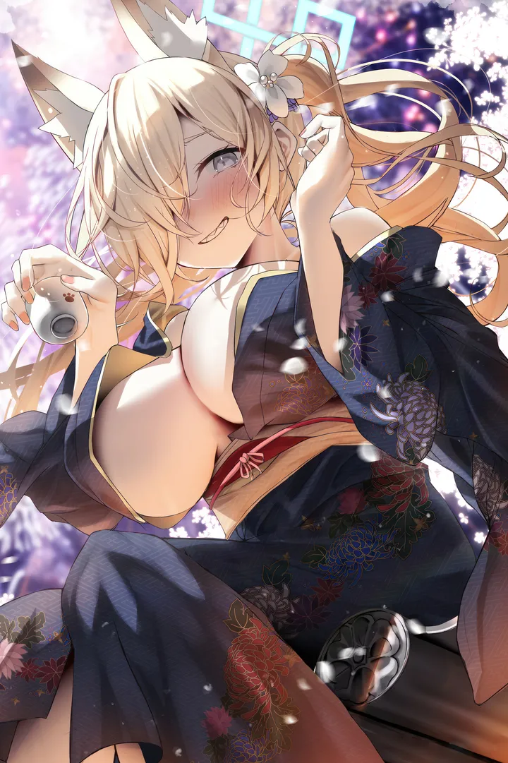 1girl,breasts,cleavage,animal_ears,bangs,solo,print_kimono,twintails,kimono,obi,sitting,halo,hair_flower,hair_ornament,hair_over_one_eye,official_alternate_costume,wide_sleeves,holding_cup,holding,nail_polish,japanese_clothes,sash,cup,blurry,blurry_background,fireworks,bottle,looking_at_viewer,vertical,smile,animal_ear_fluff,blush,floral_print,blue_kimono,blue_eyes,large_breasts,alcohol,blonde_hair,long_hair,long_sleeves,off_shoulder,grin,flower