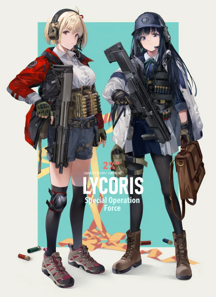 2girls,ribbon,breasts,full_body,bangs,bag,closed_mouth,multiple_girls,hair_ribbon,headset,jacket,hat,gloves,holding_weapon,trigger_discipline,handgun,knee_pads,holding_gun,holding,radio,fingerless_gloves,collared_shirt,gun,baseball_cap,brown_footwear,rifle,weapon,white_shirt,looking_at_viewer,short_hair,skirt,shorts,assault_rifle,vertical,standing,purple_eyes,red_ribbon,red_jacket,red_eyes,blue_eyes,shirt,socks,open_jacket,open_clothes,thighhighs,pantyhose,blonde_hair,long_hair,long_sleeves,boots,shoes,cross-laced_footwear,neck_ribbon,black_hair,black_pantyhose