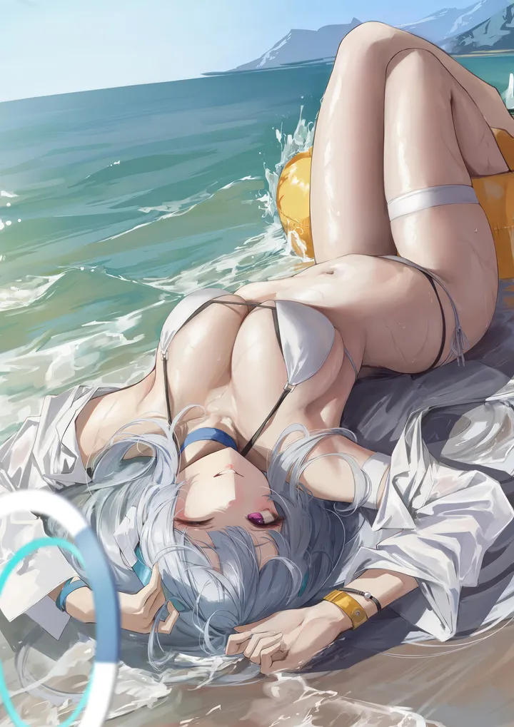 1girl,side-tie_bikini_bottom,arms_up,breasts,cleavage,on_back,upside-down,bangs,solo,thighs,thigh_strap,halo,stomach,parted_lips,outdoors,bracelet,knees_up,bikini,water,swimsuit,beach,grey_hair,jewelry,day,white_hair,white_bikini,white_shirt,looking_at_viewer,vertical,smile,string_bikini,purple_eyes,halterneck,navel,armpits,wristband,shirt,skindentation,wet,open_jacket,open_clothes,open_shirt,lying,large_breasts,long_hair,one_eye_closed,bare_shoulders,off_shoulder,grin,choker