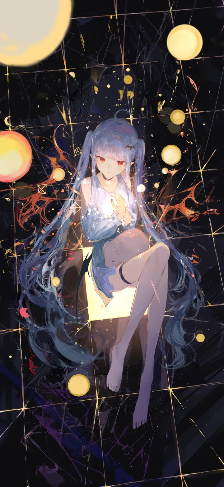 1girl,detached_sleeves,full_body,bangs,solo,twintails,ahoge,closed_mouth,sitting,thigh_strap,hair_ornament,very_long_hair,sleeveless,constellation,looking_at_viewer,vertical,smile,red_eyes,blue_hair,bare_legs,barefoot,dress,long_hair,bare_shoulders