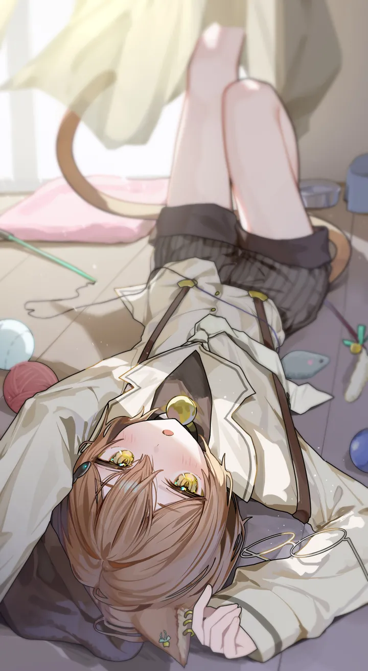 1girl,1boy,arms_up,on_back,upside-down,animal_ears,bangs,solo,on_floor,indoors,tail,hair_between_eyes,open_mouth,striped,brown_hair,yarn,yarn_ball,cat_tail,cat_boy,cat_ears,male_focus,looking_at_viewer,short_hair,shorts,curtains,vertical,animal_ear_fluff,blush,shirt,sleeves_past_wrists,lying,cat_teaser,long_sleeves,collar,yellow_eyes,black_shorts,black_shirt