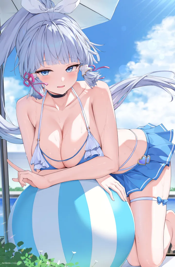 1girl,ribbon,breasts,cleavage,cloud,sandals,bangs,solo,tress_ribbon,thighs,thigh_strap,sky,hair_ribbon,sidelocks,open_mouth,very_long_hair,parted_lips,outdoors,raised_eyebrows,bikini,bikini_skirt,beach_umbrella,beachball,swimsuit,ocean,ball,mole,day,white_hair,pleated_skirt,blunt_bangs,looking_at_viewer,skirt,vertical,smile,halterneck,flower_knot,blush,frills,frilled_bikini,blue_sky,blue_hair,blue_bikini,blue_eyes,blue_skirt,skindentation,wet,bare_arms,kneeling,leaning_forward,large_breasts,miniskirt,collarbone,long_hair,sunlight,umbrella,bare_shoulders,choker,floating_hair,ponytail,black_choker