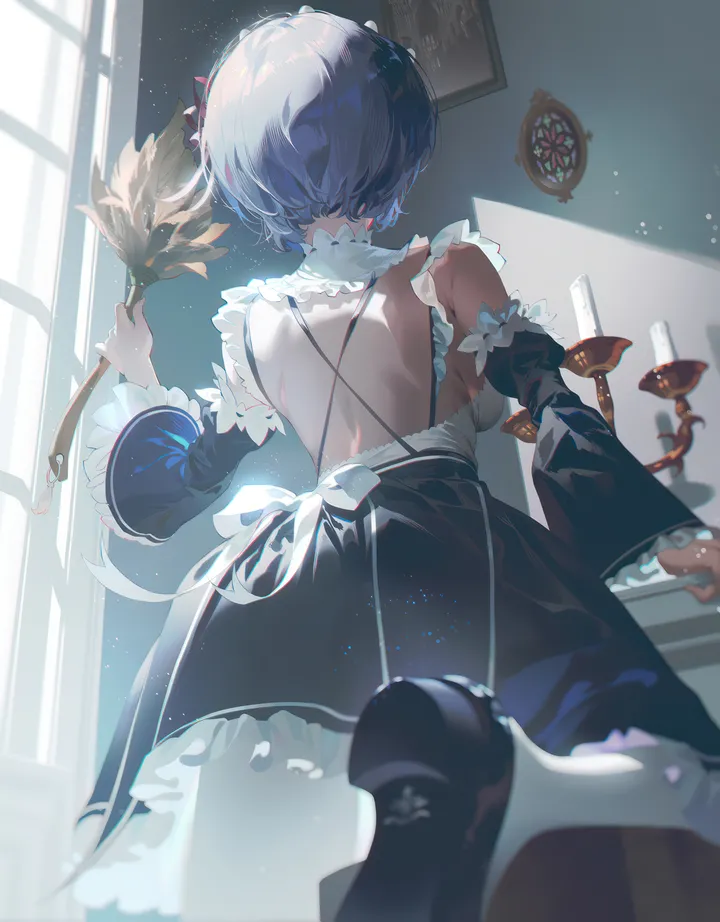 1girl,detached_sleeves,ribbon,medium_breasts,breasts,solo,back,hair_ribbon,hair_ornament,maid,maid_headdress,indoors,holding,short_hair,vertical,from_behind,frills,frilled_sleeves,blue_hair,dress,long_sleeves,facing_away,shoes,black_footwear