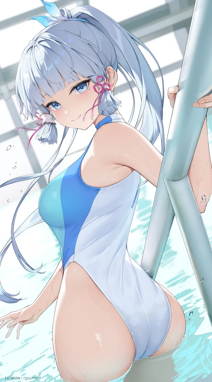 1girl,one-piece_swimsuit,cowboy_shot,ribbon,medium_breasts,breasts,bangs,solo,tress_ribbon,closed_mouth,looking_back,hair_ribbon,sidelocks,ass,water,mole_under_eye,pool,pool_ladder,swimsuit,wading,mole,white_one-piece_swimsuit,blunt_bangs,looking_at_viewer,vertical,smile,from_behind,blush,blue_hair,blue_eyes,wet_swimsuit,wet,bare_arms,competition_swimsuit,long_hair,bare_shoulders,ponytail,highleg_swimsuit,highleg