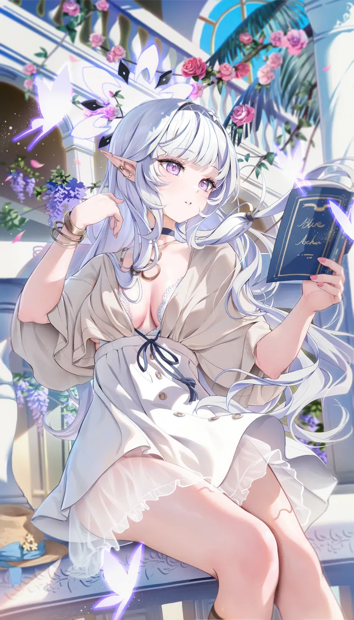 1girl,medium_breasts,book,breasts,cleavage,bangs,solo,feet_out_of_frame,sitting,thighs,halo,pointy_ears,indoors,parted_lips,bracelet,holding,nail_polish,holding_book,plant,jewelry,white_hair,white_skirt,skirt,looking_away,vertical,pink_flower,elf,purple_eyes,open_book,bug,butterfly,long_hair,choker,high-waist_skirt,flower