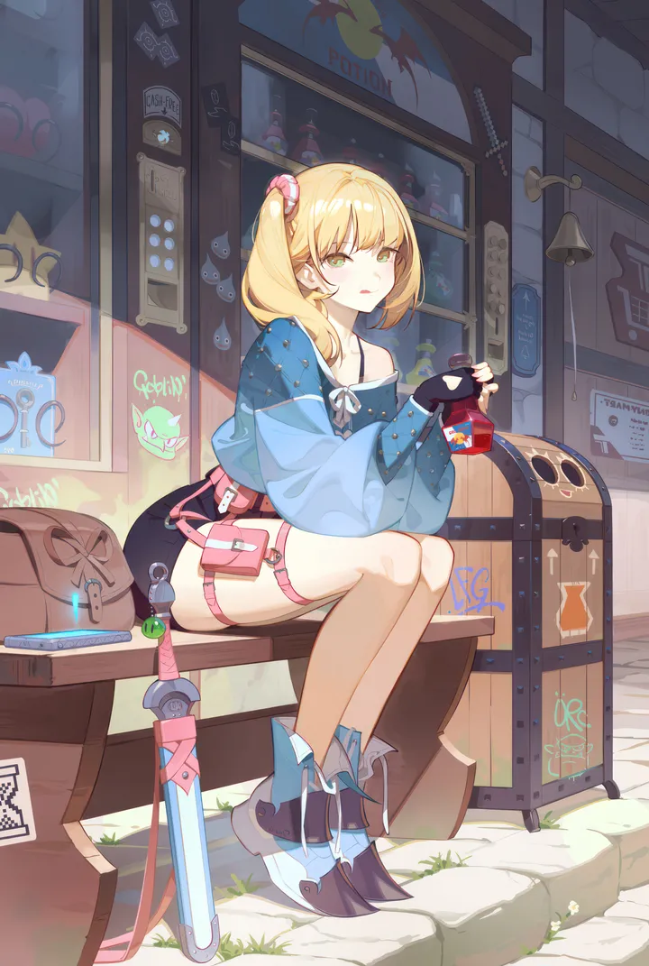 1girl,side_ponytail,full_body,bangs,sword,sheath,bag,solo,tongue_out,closed_mouth,sitting,thigh_strap,hair_scrunchie,hair_ornament,jacket,indoors,gloves,scrunchie,holding,fingerless_gloves,weapon,bottle,looking_at_viewer,skirt,vertical,smile,green_eyes,blush,tongue,blue_jacket,blue_footwear,shirt,pouch,blonde_hair,long_hair,long_sleeves,boots,off_shoulder,black_gloves