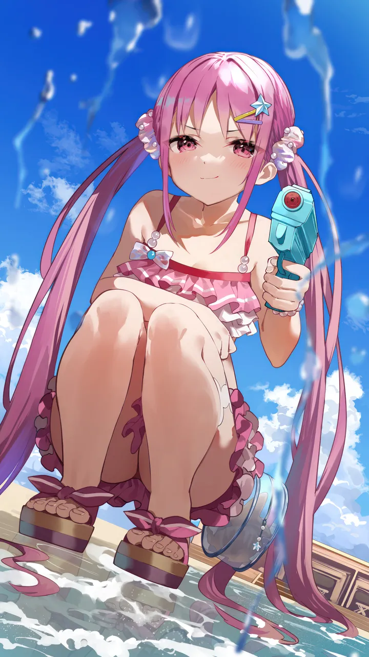 1girl,cloud,full_body,sandals,bangs,solo,twintails,hairclip,closed_mouth,sky,hair_ornament,very_long_hair,outdoors,scrunchie,holding,holding_water_gun,bikini,bikini_skirt,water,water_gun,swimsuit,day,looking_at_viewer,vertical,smile,pink_hair,pink_bikini,pink_eyes,toes,blush,frills,frilled_bikini,blue_sky,squatting,collarbone,long_hair,bare_shoulders