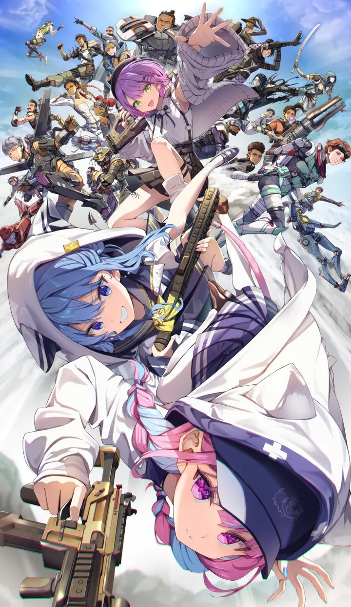 6-girls,6-boys,virtual_youtuber,braid,twin_braids,hood,submachine_gun,bangs,sword,multiple_girls,multiple_boys,multicolored_hair,sky,jacket,hat,open_mouth,crossbow,hood_up,holding_weapon,handgun,holding_gun,holding,axe,star_symbol,star_in_eye,robot,gun,baseball_cap,brown_hair,rifle,weapon,dark_skin,sniper_rifle,white_jacket,white_shirt,pleated_skirt,looking_at_viewer,short_hair,skirt,assault_rifle,vertical,smile,pink_hair,purple_hair,purple_eyes,red_hair,green_eyes,blue_hair,blue_eyes,shirt,open_clothes,beret,blonde_hair,long_hair,shotgun,grin,mask,black_hair,black_headwear,black_skirt