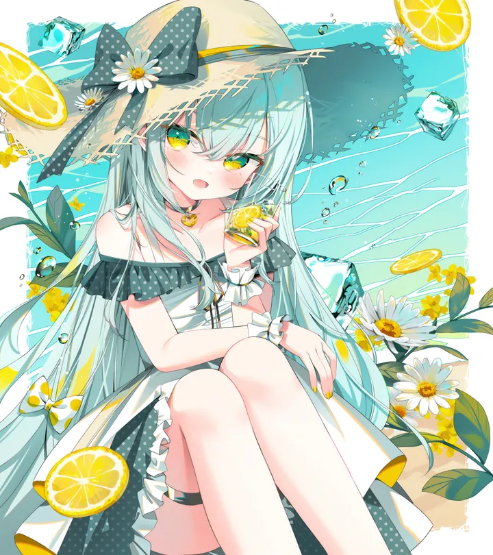 1girl,bangs,solo,feet_out_of_frame,polka_dot,sitting,hat_bow,hat,hair_between_eyes,open_mouth,very_long_hair,knees_up,holding,holding_food,cup,lemon,lemon_slice,water,fruit,white_flower,white_dress,looking_at_viewer,vertical,smile,wrist_cuffs,green_eyes,blush,frills,frilled_dress,blue_hair,bow,dress,collarbone,long_hair,bare_shoulders,off_shoulder,off-shoulder_dress,choker,food,flower,yellow_flower,black_choker