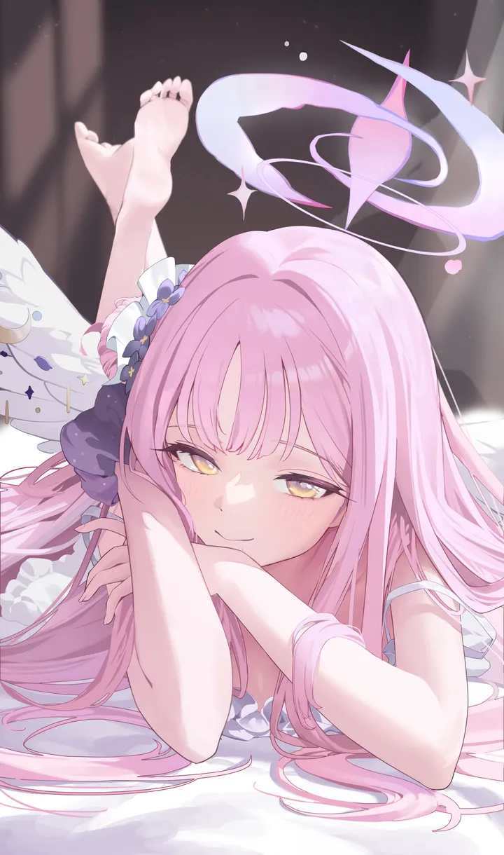 1girl,bangs,solo,closed_mouth,hair_bun,on_bed,halo,angel_wings,single_side_bun,hair_flower,hair_ornament,very_long_hair,scrunchie,head_rest,sleeveless,sleeveless_dress,blurry,white_wings,white_dress,looking_at_viewer,vertical,smile,pink_hair,feathered_wings,wings,feet_up,feet,soles,toes,blush,barefoot,the_pose,on_stomach,lying,dress,long_hair,flower,yellow_eyes