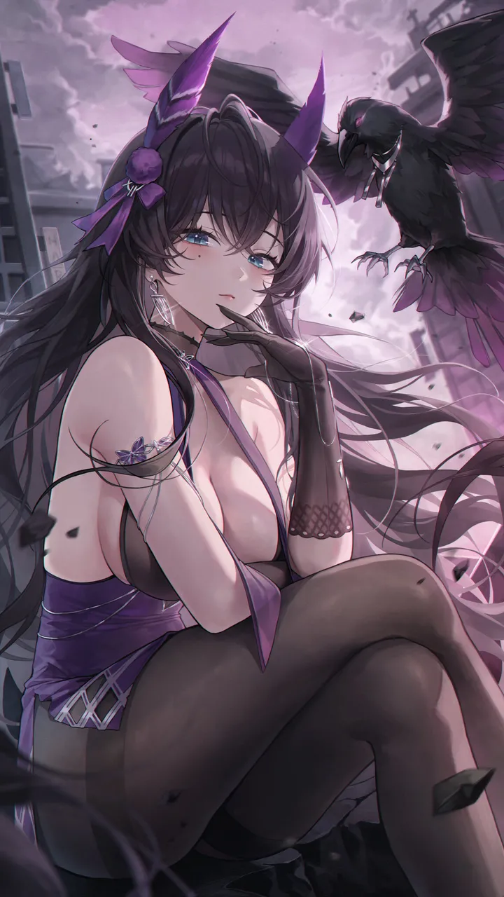 1girl,crow,breasts,cleavage,cloud,crossed_legs,bangs,solo,sitting,thighs,hair_ornament,very_long_hair,parted_lips,outdoors,gloves,hand_up,sleeveless,jewelry,mole,looking_at_viewer,vertical,purple_bow,purple_dress,halterneck,earrings,blush,blue_eyes,thighband_pantyhose,horns,large_breasts,dress,pantyhose,long_hair,bare_shoulders,halter_dress,choker,bird,black_hair,black_gloves,black_pantyhose,black_choker