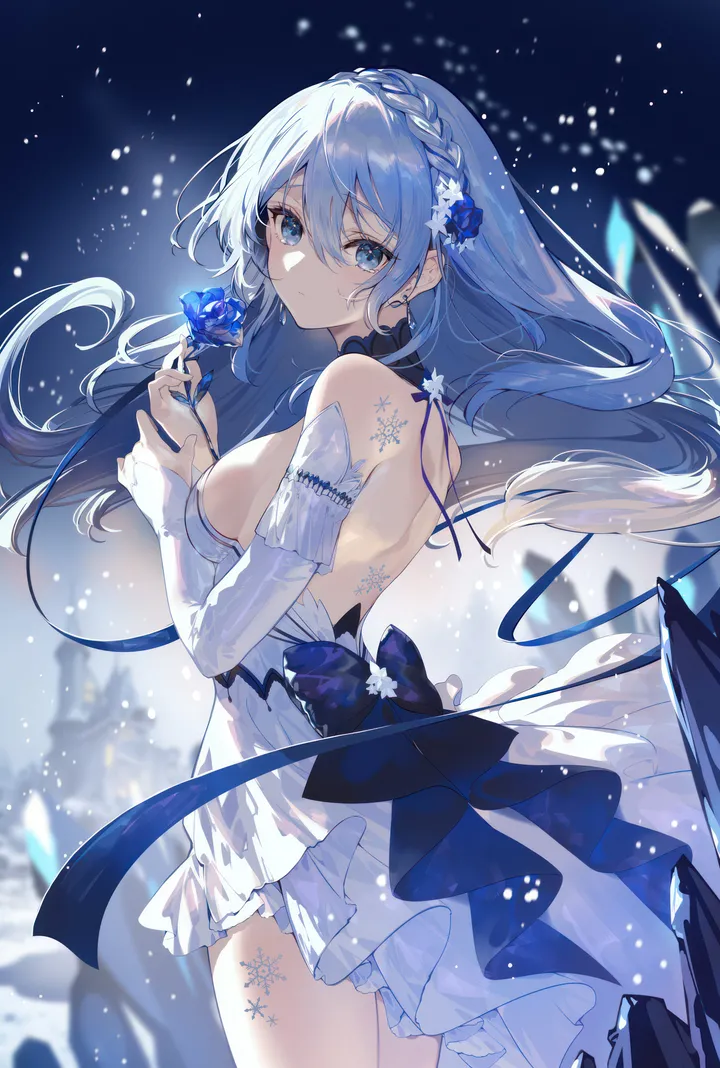 1girl,cowboy_shot,braid,detached_sleeves,medium_breasts,breasts,sideboob,from_side,bangs,solo,closed_mouth,thighs,hair_flower,hair_ornament,hair_between_eyes,holding,holding_flower,blurry,rose,jewelry,white_dress,looking_at_viewer,vertical,tattoo,earrings,blue_hair,blue_rose,blue_eyes,blue_flower,bow,dress,long_hair,snowflakes,bare_shoulders,backless_outfit,backless_dress,choker,floating_hair,flower