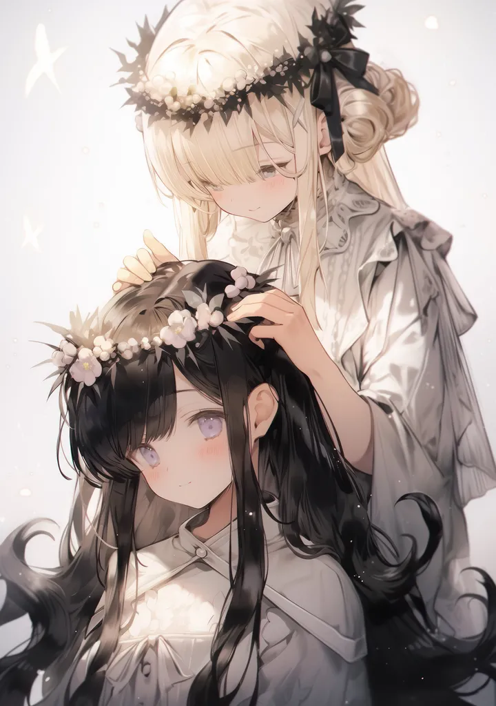 2girls,upper_body,bangs,closed_eyes,closed_mouth,hair_bun,multiple_girls,head_wreath,hair_flower,hair_ornament,sidelocks,very_long_hair,simple_background,grey_background,white_background,white_flower,white_dress,vertical,smile,purple_eyes,blush,bow,dress,blonde_hair,long_hair,long_sleeves,flower,black_hair